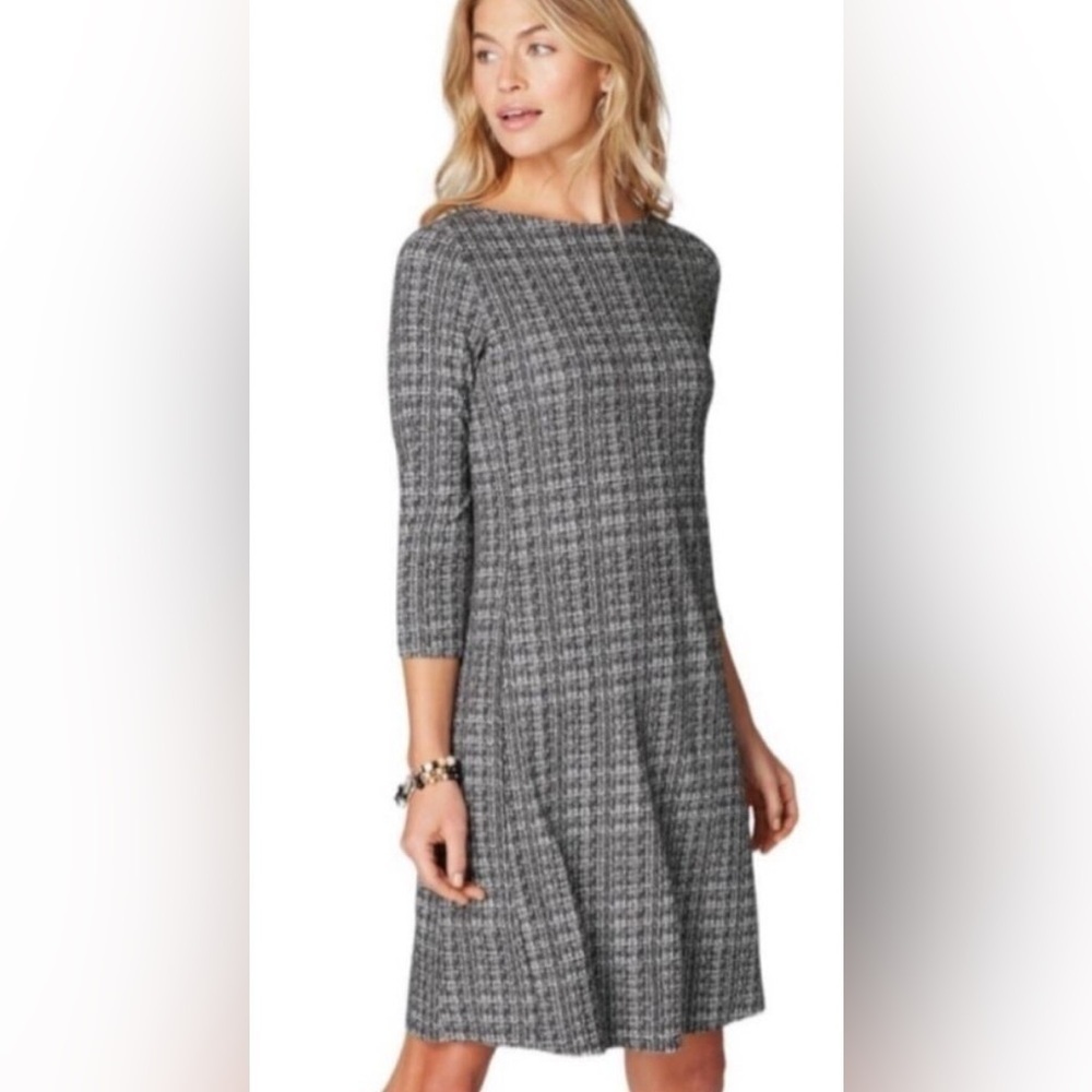 J Jill Wearever Collection Houndstooth Stretch Black Gray Long Sleeve Dress Sz M
